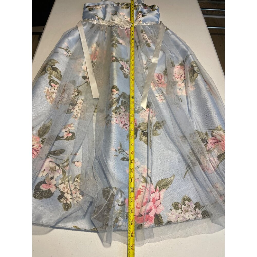 Floral Light Blue Sleeveless Girls Party Dress With Tulle Overlay & Satin Finish - Picture 12 of 14
